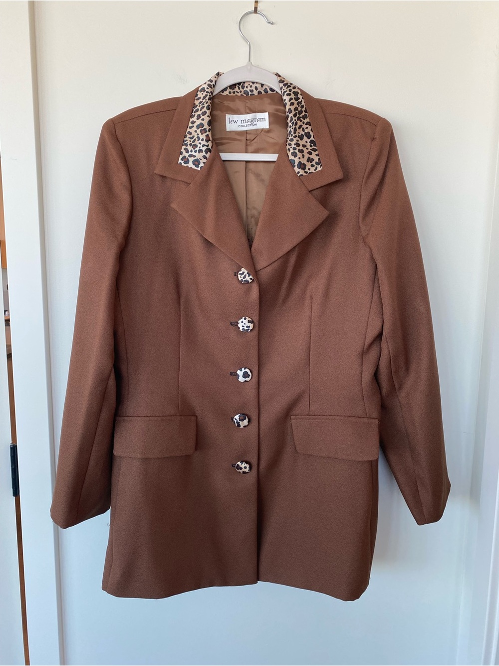 Vintage Lew Magram Women’s Brown  2pc Skirt Suit Set with Leopard Trim Size L
